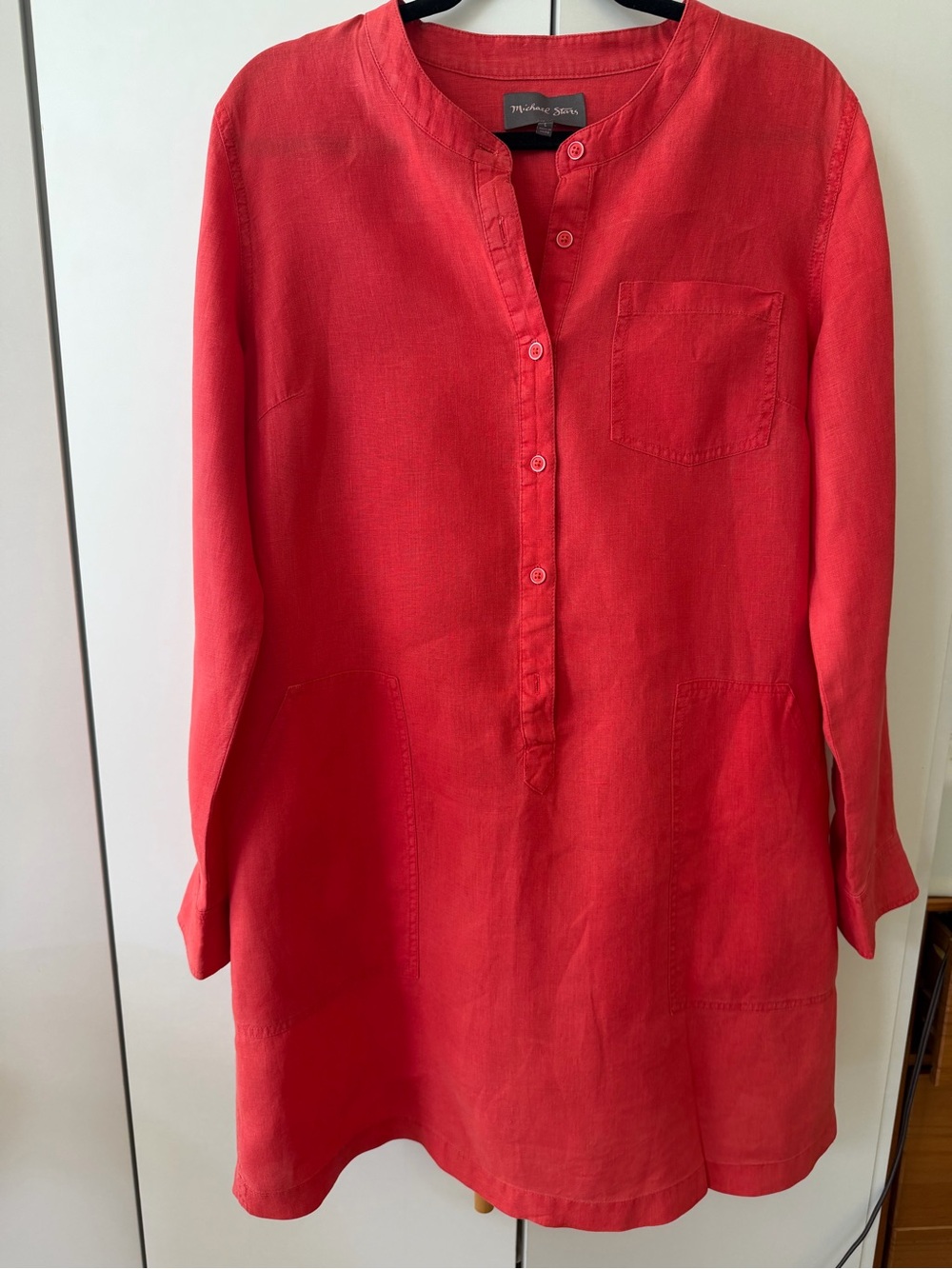 Michael Stars Molly Linen Popover Mini Shirt Dress Coral Red